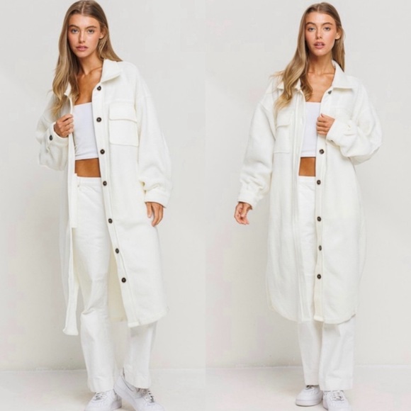Jackets & Blazers - Fleece longline  button down coat in ivory